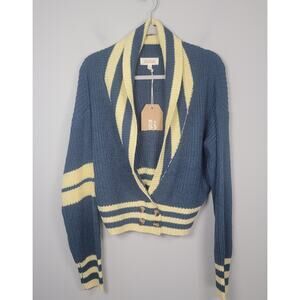 NWT Listicle Womens L Blue Yellow Striped Shawl Neck Cardigan Sweater